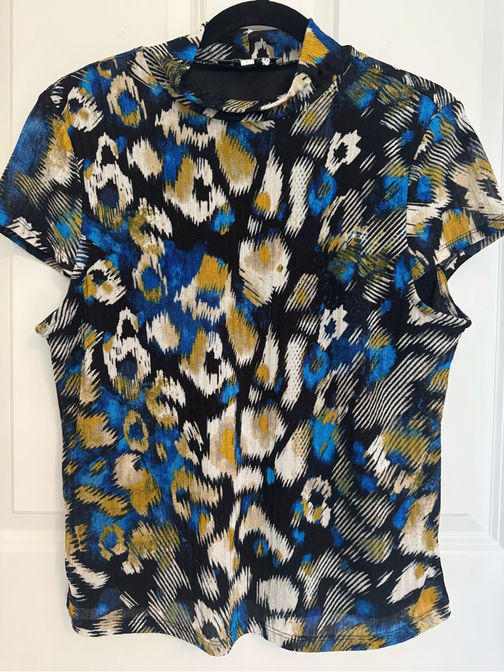 DKNY Printed Mock Neck Short Sleeve Knit Top Blue Black Gold Size Large